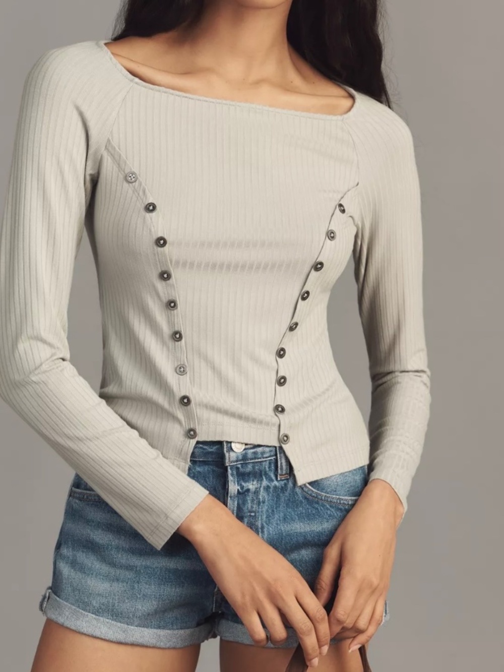 By Anthropologie Buttoned Boatneck Thermal Top, Size M